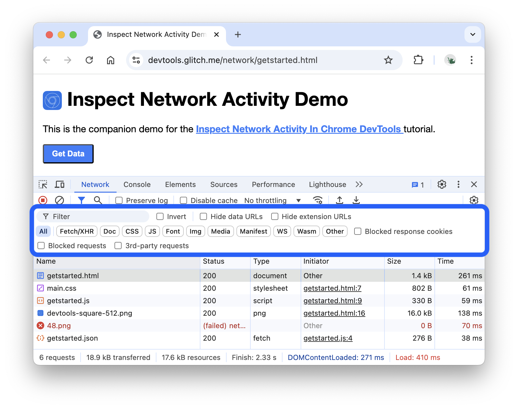 Chrome DevTools Network filter toolbar for filtering requests by type and status