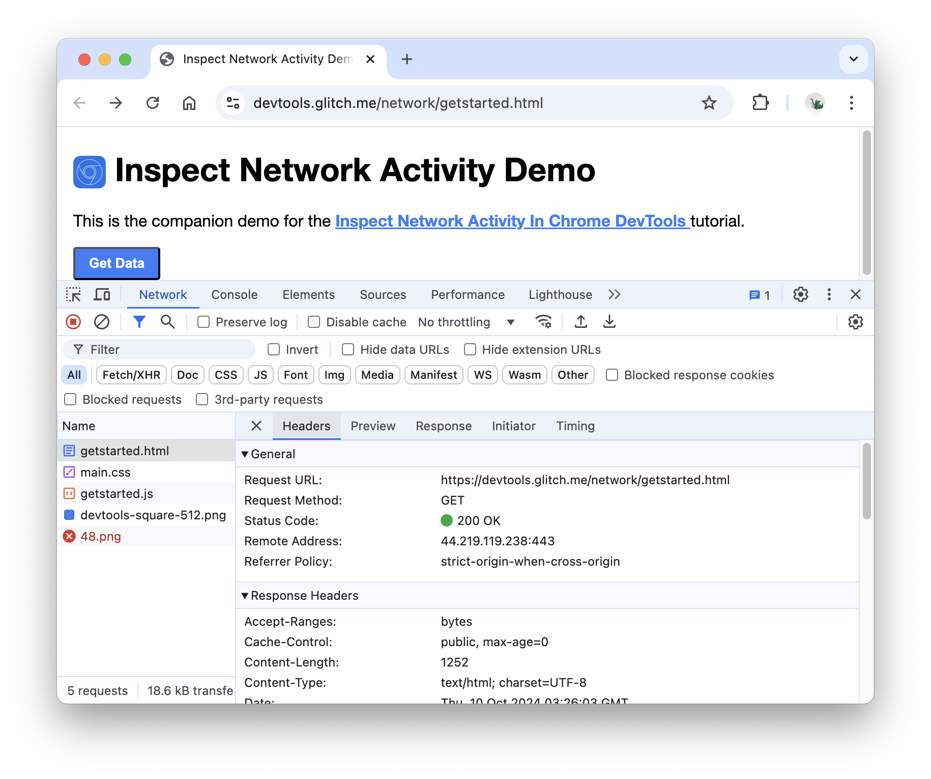 Chrome DevTools Headers tab showing HTTP request and response headers including status code