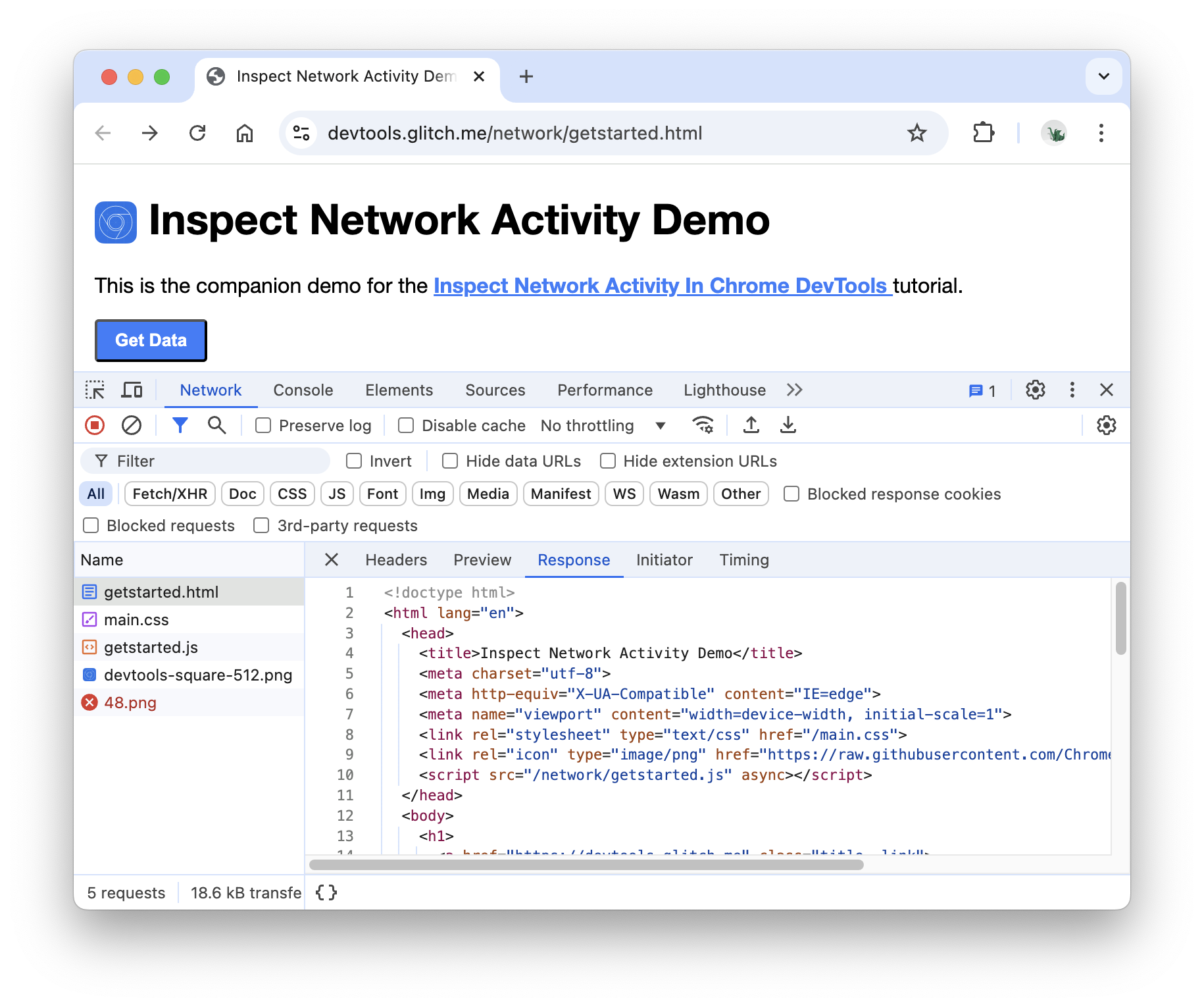 Chrome DevTools Response tab showing the server response body content