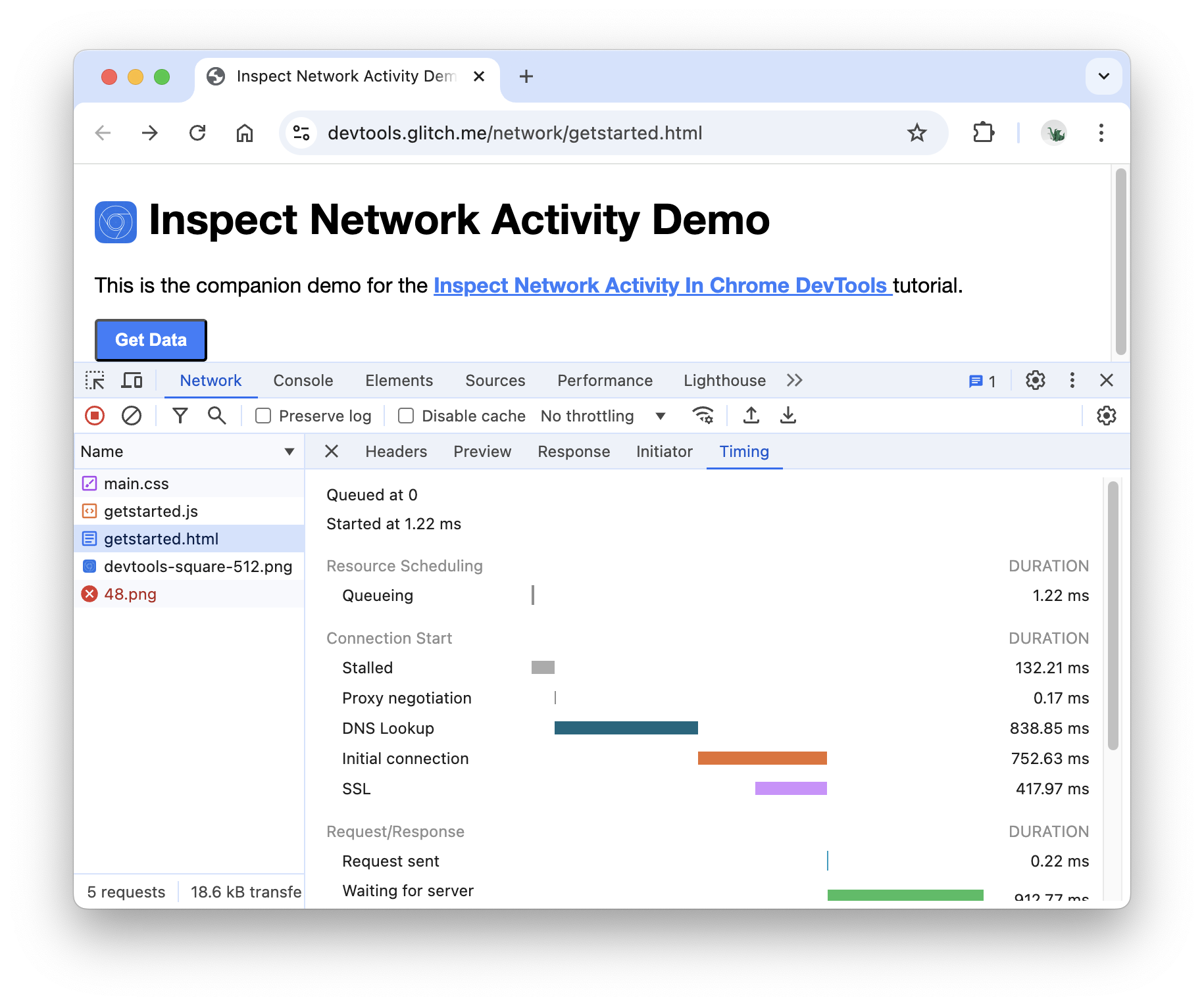 Chrome DevTools Timing tab showing request timing breakdown