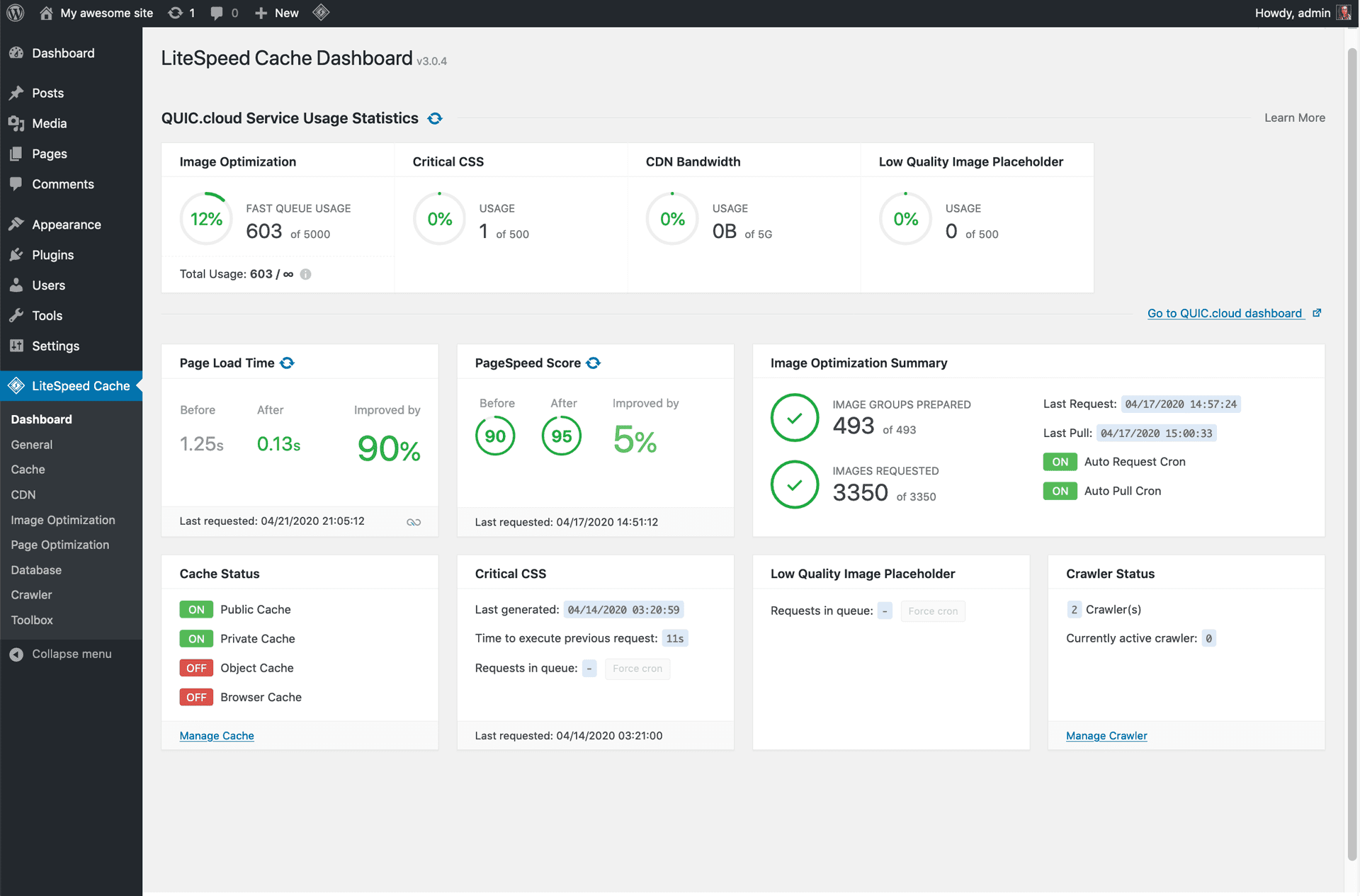 LiteSpeed Cache plugin configuration showing page cache, object cache, and WooCommerce-specific caching options