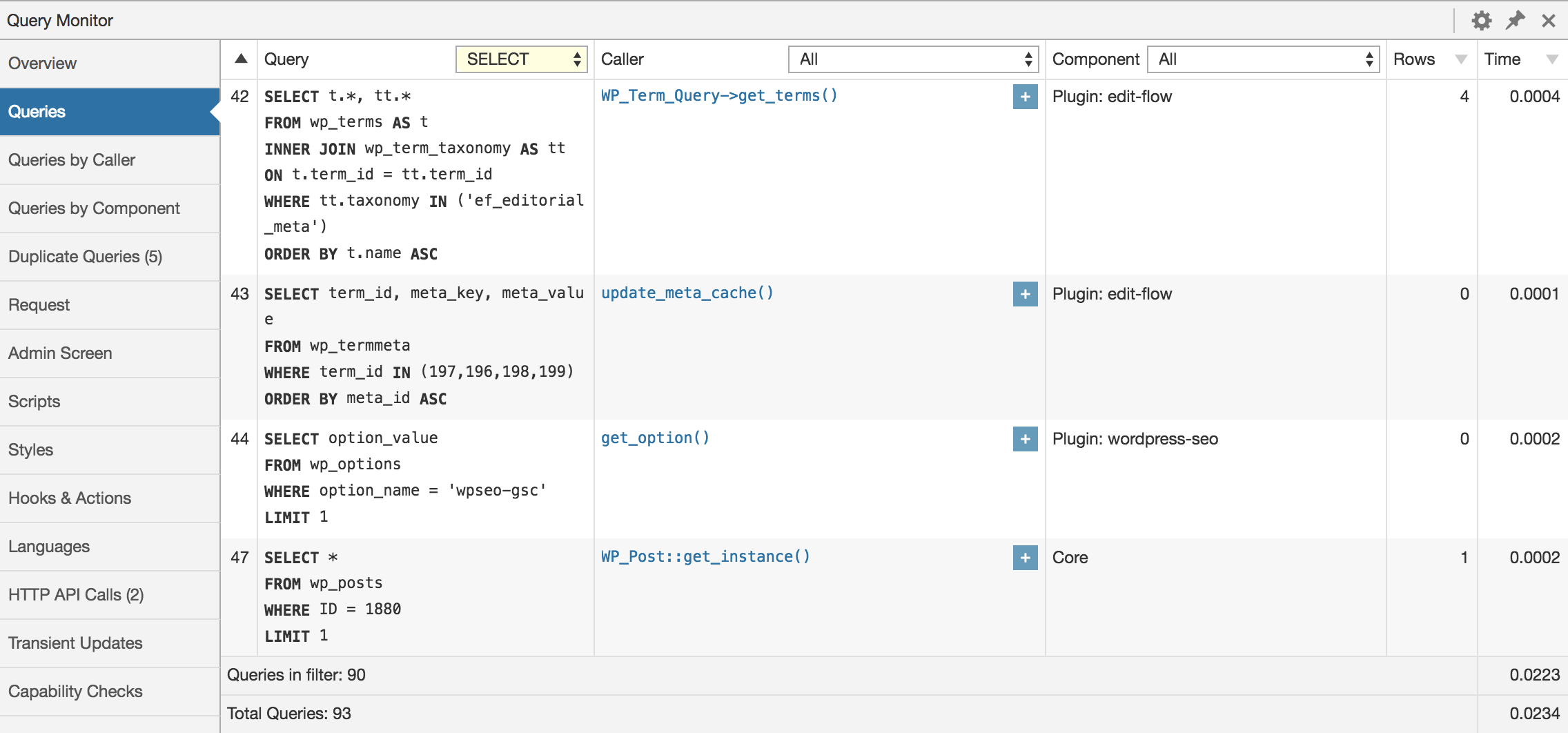 Query Monitor showing PHP version, MySQL version, memory usage, and server environment information