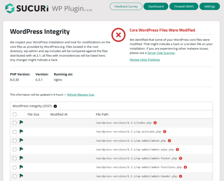 Sucuri Security plugin dashboard showing file integrity monitoring, security hardening options, and malware scanning results