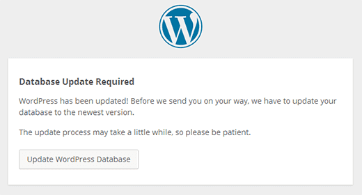 WordPress database update required screen after core update showing one-click update button
