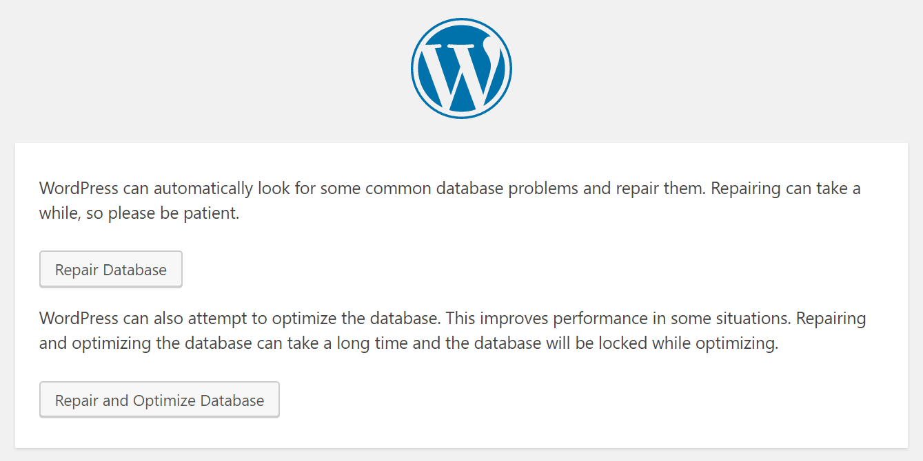 WordPress database repair screen
